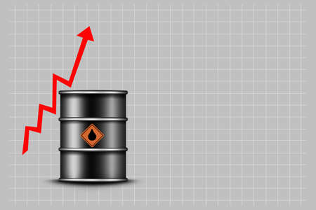 Concept of rising oil prices. Barrel of oil and a graph with an arrow up, on a gray background. world crisis. business. background.の写真素材