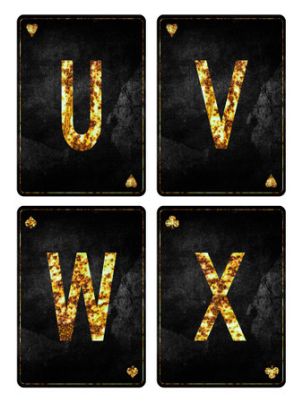 Set of letters U, V, W, X. Alphabet on vintage playing cards. isolated on white background. design...