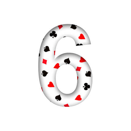 Digit, six, from various card suits. Shadow. isolated on a white background. decorative font. Gambling. design element.の写真素材