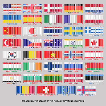 Set of barcodes in the colors of the flags of different countries. Isolated on gray background. Signs and symbols. business. design element.の写真素材