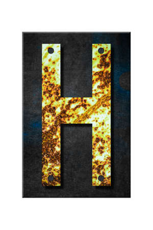Letter H. Alphabet from letters, from rusty iron, on a wooden plank. isolated on white background. Education. design element.の写真素材