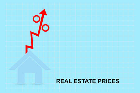 Concept of rising prices for real estate prices. real estate prices. growth chart. House Icon, and Red arrow with percent up. Blue background. copyspace. business. background.の写真素材