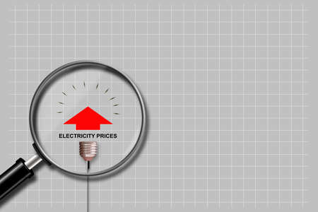 Rising electricity prices. A light bulb and a graph with an up arrow, on a gray background. Magnifying glass. world crisis. business. economics.の写真素材