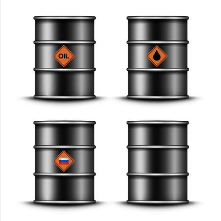 Barrels of oil. Different badges and flag of Russia. isolated on white background. 3D illustration. trade. business. design element.の写真素材