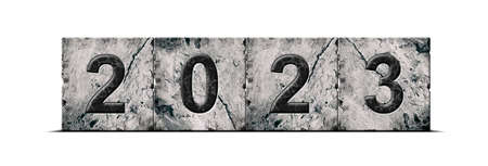 2023, digits on an alphabet on stone blocks, isolated on white background. year concept. background.の写真素材