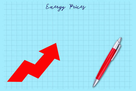 Concept of rising energy prices. Red arrow up, growth graph. blue background. Apen. copyspace. world crisis. inflation. business. background.の写真素材