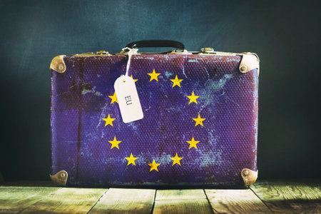 Old suitcase in the colors of the EU flag. Travels. Signs and symbols. background.の写真素材
