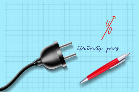 Concept, rising electricity prices. Electric plug, and a red up arrow with percentages, on a blue background. Pen. copyspace. World energy crisis.3D illustration. business. background.の写真素材