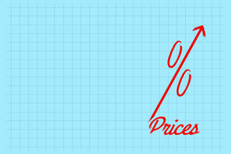 concept of rising prices. Red arrow with percentage up, growth graph. blue background. copyspace. world crisis. inflation. business. background.の写真素材