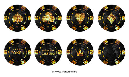 Set vintage, grunge poker chip, isolated on white background. different suits. design element. Gambling backgroundの写真素材