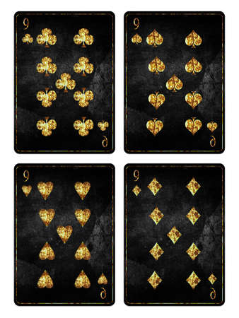 Set of playing grunge, vintage cards. Nine of Clubs, Diamond, Spades, and Hearts, isolated on white background. playing cards. design element. Gambling.の写真素材