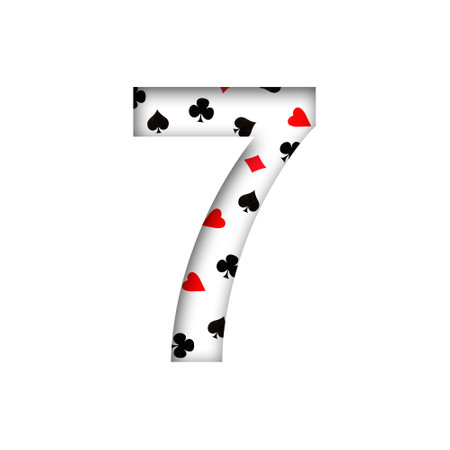 Digit, seven, from various card suits. Shadow. isolated on a white background. decorative font. Gambling. design element.の写真素材