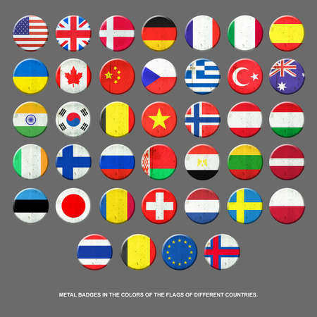 Set of metal badges in the colors of the flags of different countries. Isolated on a gray background. Signs and symbols. flags. design element.の写真素材