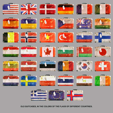 Set of old suitcases in the colors of the flags of different countries. Isolated on a gray background. Signs and symbols. flags. design element.の写真素材