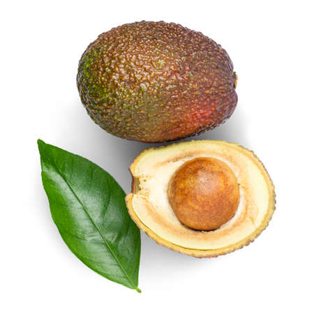 Half and whole avocado, with leaf, isolated on white background. Top view Berries.の写真素材