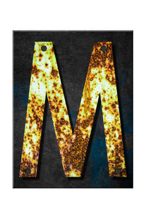 Letter M. Alphabet from letters, from rusty iron, on a wooden plank. Isolated on white background. Education. Design element.の写真素材