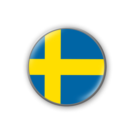 Sweden flag. Round badge in the colors of the Sweden flag. Isolated on white background. Design element. 3D illustration. Signs and symbols.の写真素材
