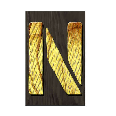 Letter N. Alphabet made of letters, made of wood, on a dark wooden plank. Isolated on white background. Education. Design element.の写真素材