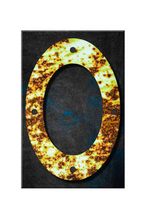Letter O. Alphabet from letters, from rusty iron, on a wooden plank. Isolated on white background. Education. Design element.の写真素材