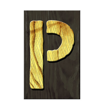 Letter P. Alphabet made of letters, made of wood, on a dark wooden plank. Isolated on white background. Education. Design element.の写真素材