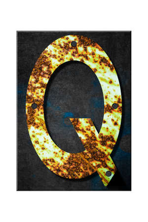 Letter Q. Alphabet from letters, from rusty iron, on a wooden plank. Isolated on white background. Education. Design element.の写真素材