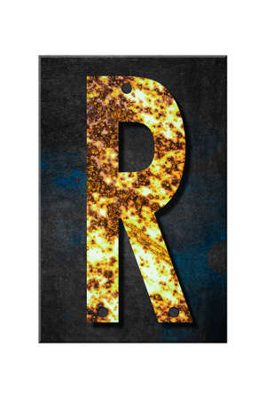 Letter R. Alphabet from letters, from rusty iron, on a wooden plank. Isolated on white background. Education. Design element.の写真素材