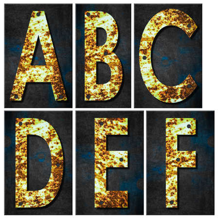 Set, letters A, B, C, D, E, F. Alphabet from letters, from rusty iron, on a wooden plank. Isolated on white background. Education Design elementの写真素材