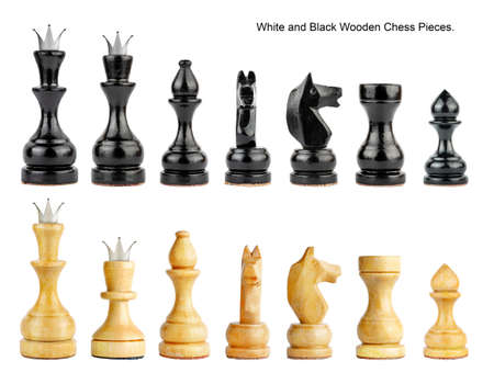 Set of white and black, wooden chess pieces. Isolated on a white background. Design element. Sports Hobby. Entertainment.の写真素材