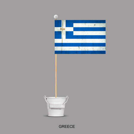 Grunge Flag of Greece on a stick, in a small bucket. Isolated on a gray background. Signs and symbols. Flags.Design element.の写真素材