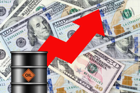 Concept of rising oil prices. Barrel of oil and a graph with an arrow up, on a gray background. 3D illustration. World crisis. Business. Background.の写真素材