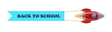 Space rocket, with a flag, with the words Back to School. Isolated on a white background. Concept of the new school year. Education. Design element. Background.の写真素材