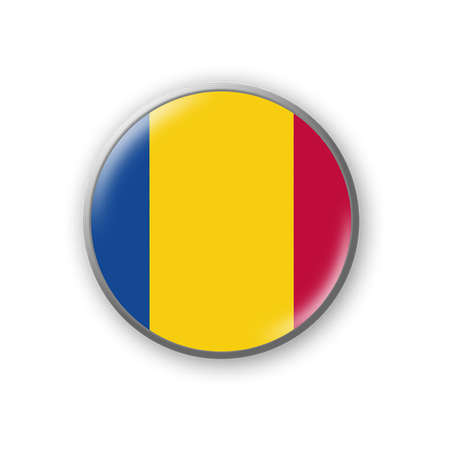 Romania flag. Round badge in the colors of the Romania flag. Isolated on white background. Design element. 3D illustration. Signs and symbols.の写真素材