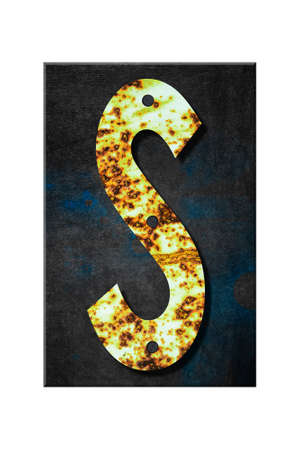 Letter S. Alphabet from letters, from rusty iron, on a wooden plank. Isolated on white background. Education. Design element.の写真素材