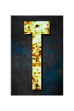 Letter T. Alphabet from letters, from rusty iron, on a wooden plank. Isolated on white background. Education. Designの写真素材