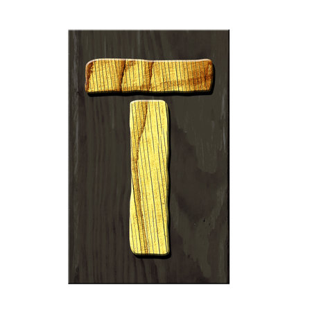 Letter T. Alphabet made of letters, made of wood, on a dark wooden plank. Isolated on white background. Education. Designの写真素材