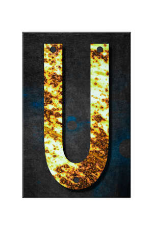 Letter U. Alphabet from letters, from rusty iron, on a wooden plank. Isolated on white background. Education. Designの写真素材
