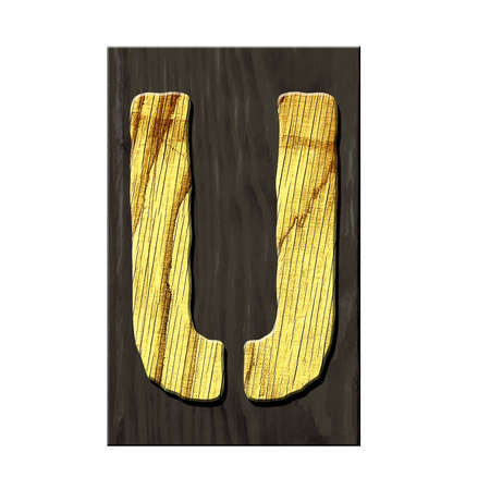 Letter U. Alphabet made of letters, made of wood, on a dark wooden plank. Isolated on white background. Education. Designの写真素材