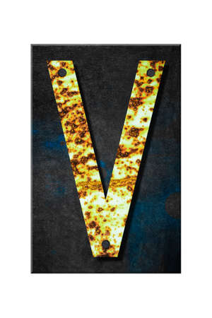 Letter V. Alphabet from letters, from rusty iron, on a wooden plank. Isolated on white background. Education. Designの写真素材