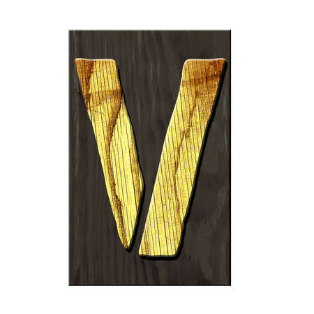 Letter V. Alphabet made of letters, made of wood, on a dark wooden plank. Isolated on white background. Education. Designの写真素材