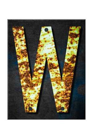 Letter W. Alphabet from letters, from rusty iron, on a wooden plank. Isolated on white background. Education. Designの写真素材
