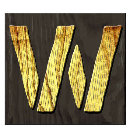 Letter W. Alphabet made of letters, made of wood, on a dark wooden plank. Isolated on white background. Education. Designの写真素材