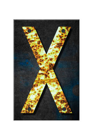 Letter X. Alphabet from letters, from rusty iron, on a wooden plank. Isolated on white background. Education. Designの写真素材