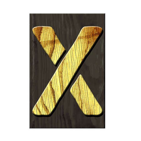 Letter X. Alphabet made of letters, made of wood, on a dark wooden plank. Isolated on white background. Education. Designの写真素材