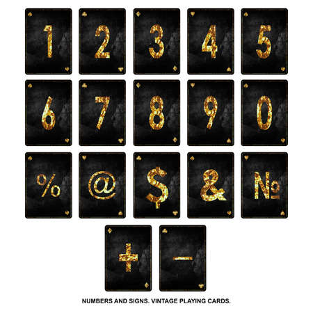 Set of numbers and signs. Alphabet on vintage playing cards. Isolated on white background. Designの写真素材