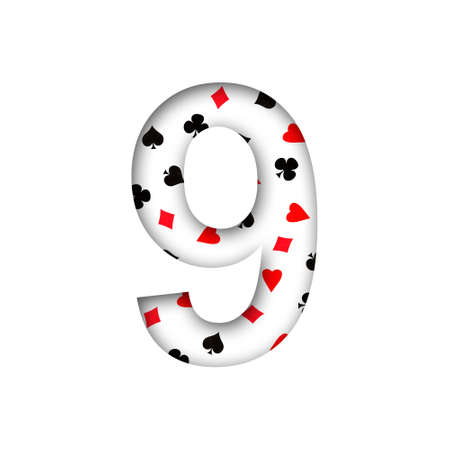 Digit, Nine, from various card suits. Shadow. Isolated on a white background. Decorative font. Gambling. Designの写真素材