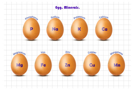 Chicken egg, Minerals. Various minerals are in an egg, on a white sheet. Sport. Healthy food. Diet. Proper nutrition. Lifestyle.の写真素材