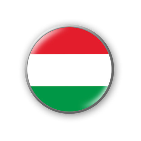Hungary flag. Round badge in the colors of the Hungary flag. Isolated on white background. Design element. 3D illustration. Signs and symbols.の写真素材