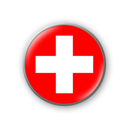 Switzerland flag. Round badge in the colors of the Switzerland flag. Isolated on white background. Design element. 3D illustration. Signs and symbols.の写真素材