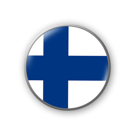 Finland flag. Round badge in the colors of the Finland flag. Isolated on white background. Design element. 3D illustration. Signs and symbols.の写真素材