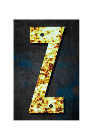 Letter Z. Alphabet from letters, from rusty iron, on a wooden plank. Isolated on white background. Education. Design element.の写真素材